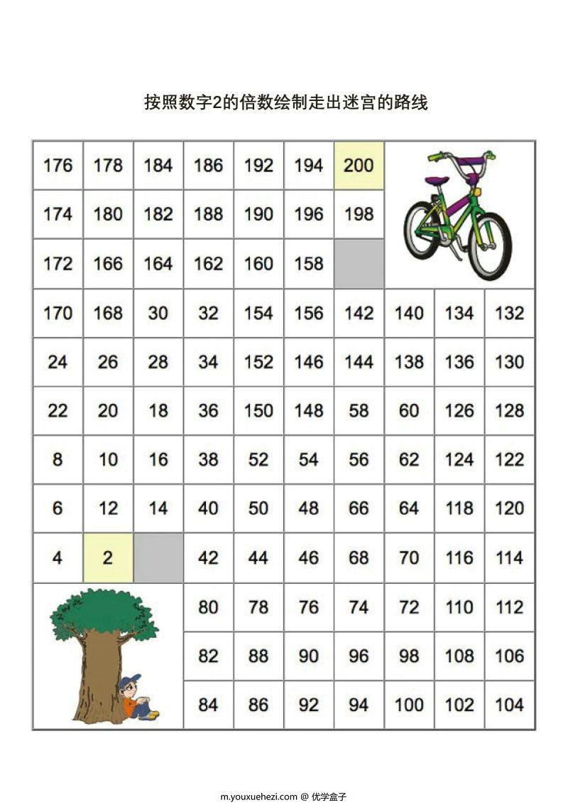 图片[2]-数字迷宫，按照数字的倍数绘制走出迷宫的路线，5页PDF可打印-优学盒子