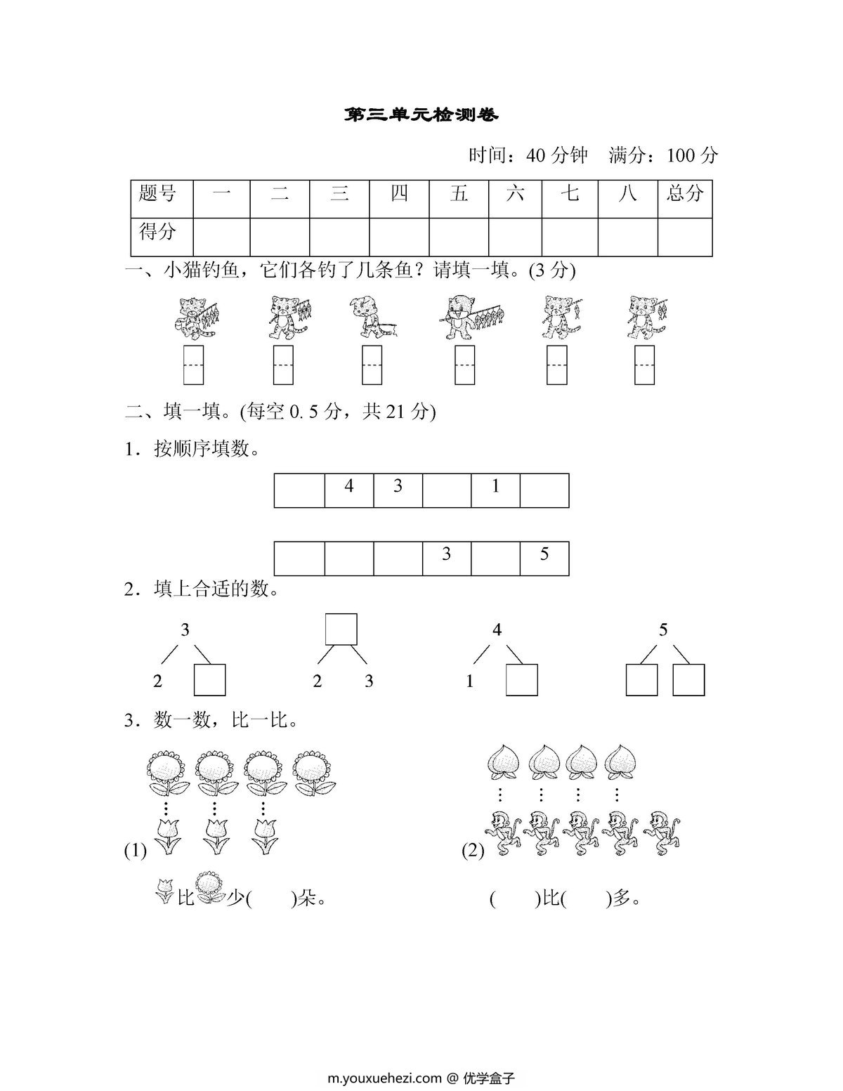 图片[2]-一年级数学上册【单元测试卷】人教版-优学盒子