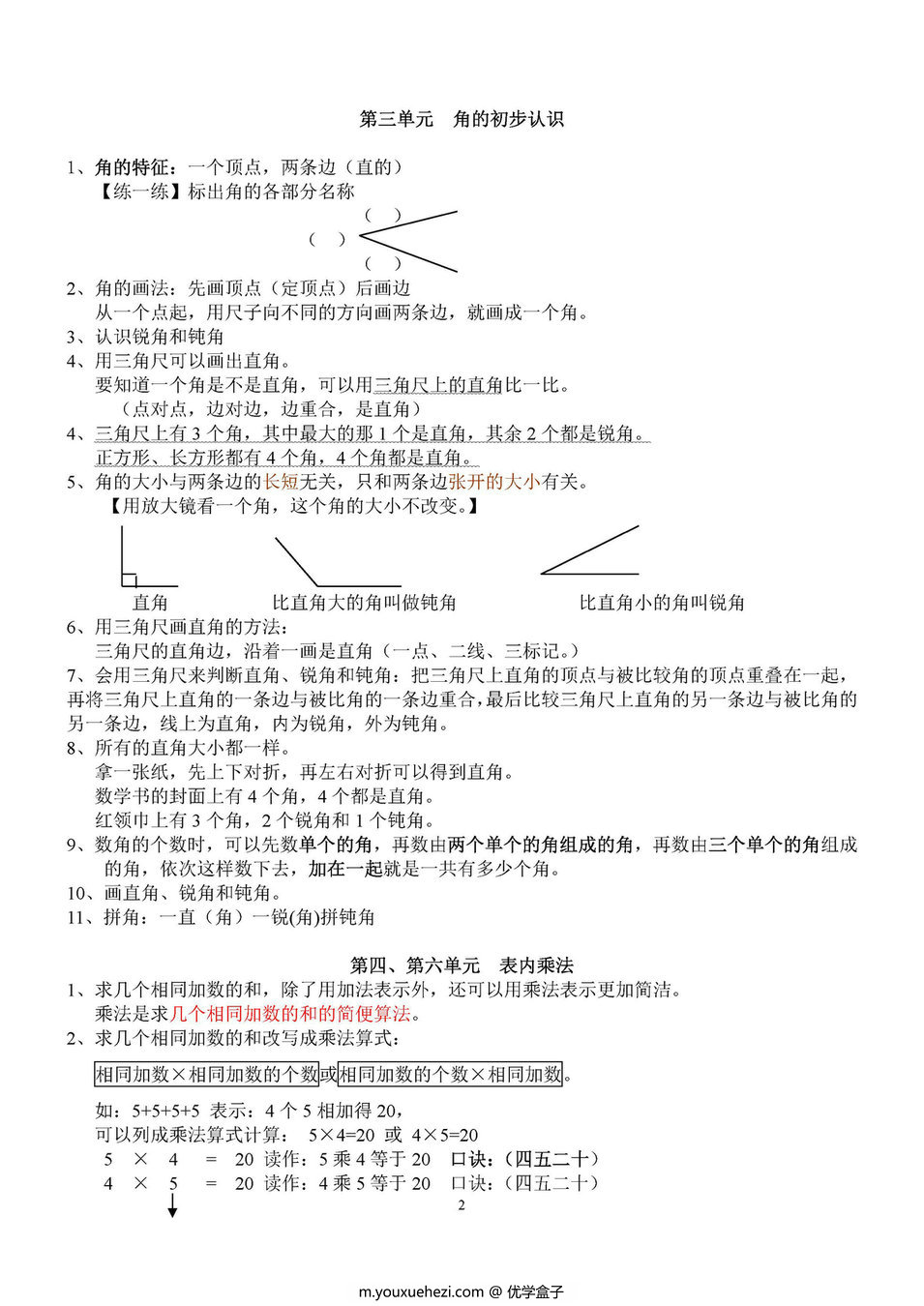 图片[2]-二年级数学上册知识点汇总（人教版）-优学盒子