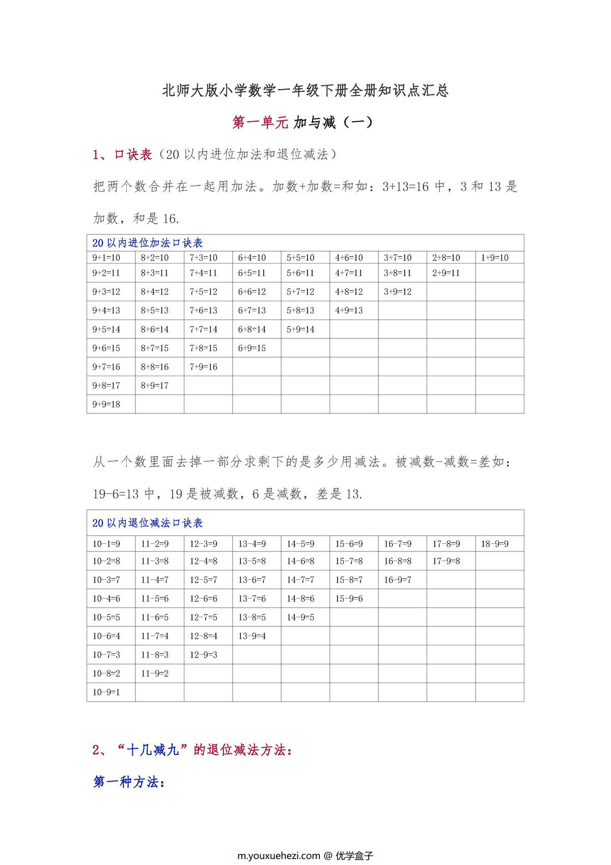 图片[1]-北师大版小学一年级数学下册全册知识点汇总-优学盒子