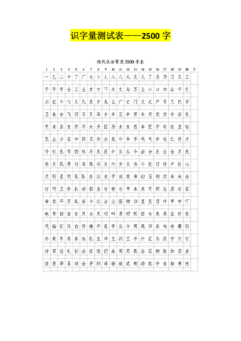 图片[1]-识字量测试表，入学400字和2500字汉字测试，幼儿识字检测-优学盒子