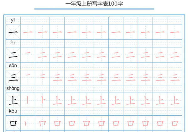 一年级上册语文写字表100字共10页PDF-优学盒子