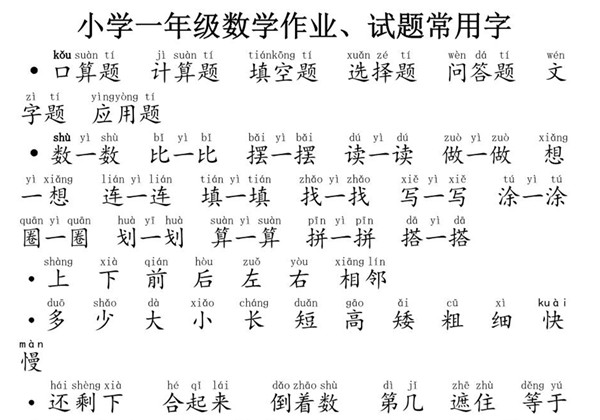 一年级数学作业、试题常用字 3页PDF-优学盒子