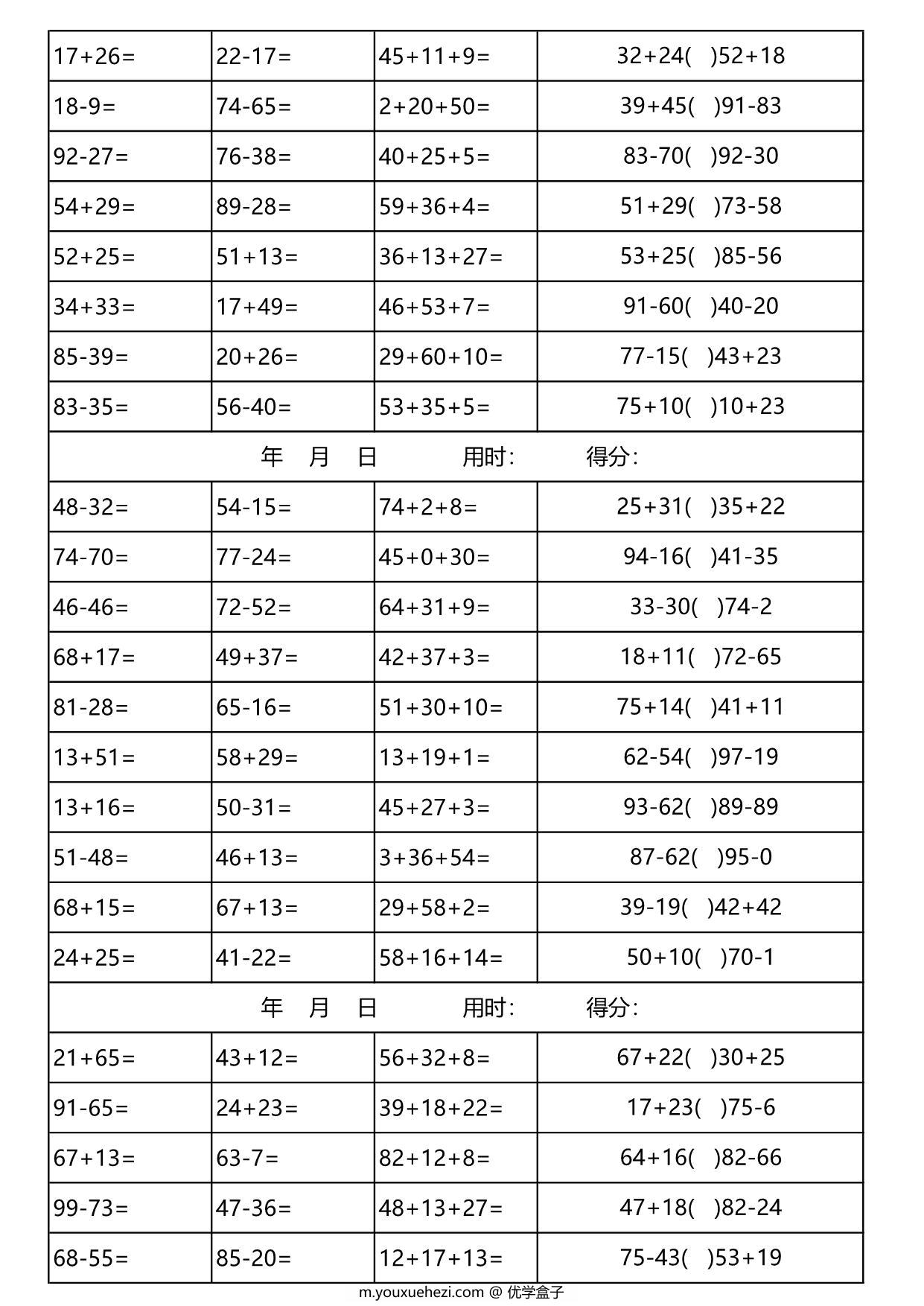 图片[2]-二年级数学100以内加减法口算天天练(3300道) 30页PDF-优学盒子