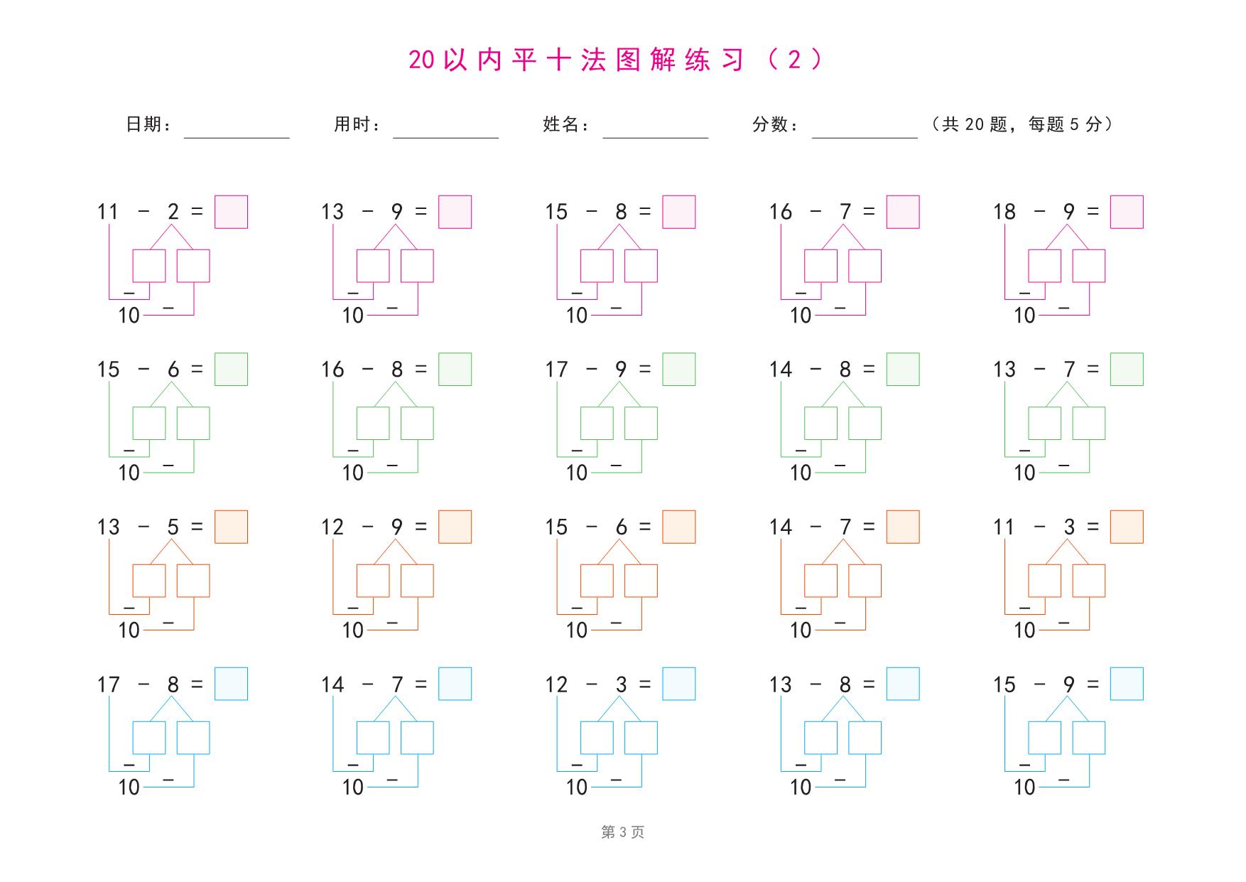 图片[3]-20以内退位减法练习题(平十法图解及算式练习) 21页PDF-优学盒子