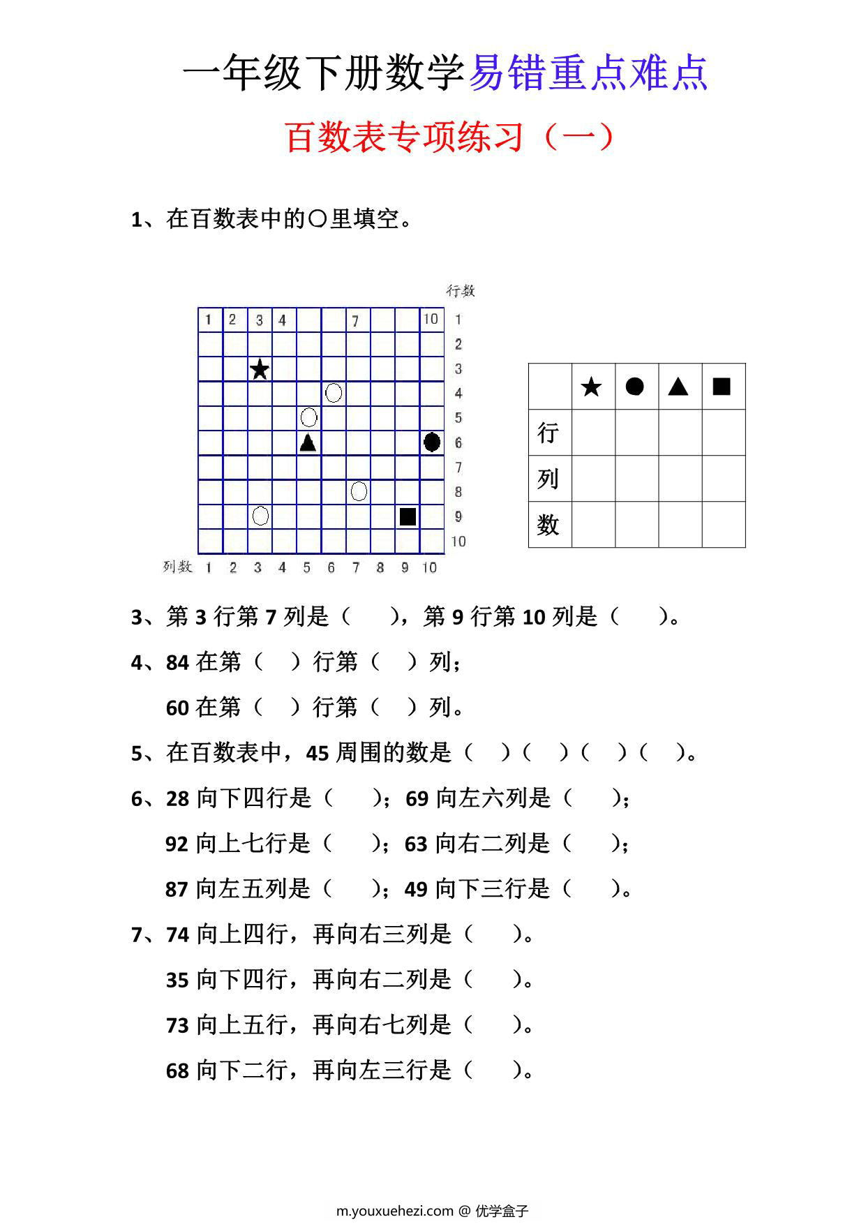 图片[1]-一年级下册数学-百数表专项练习3套-优学盒子