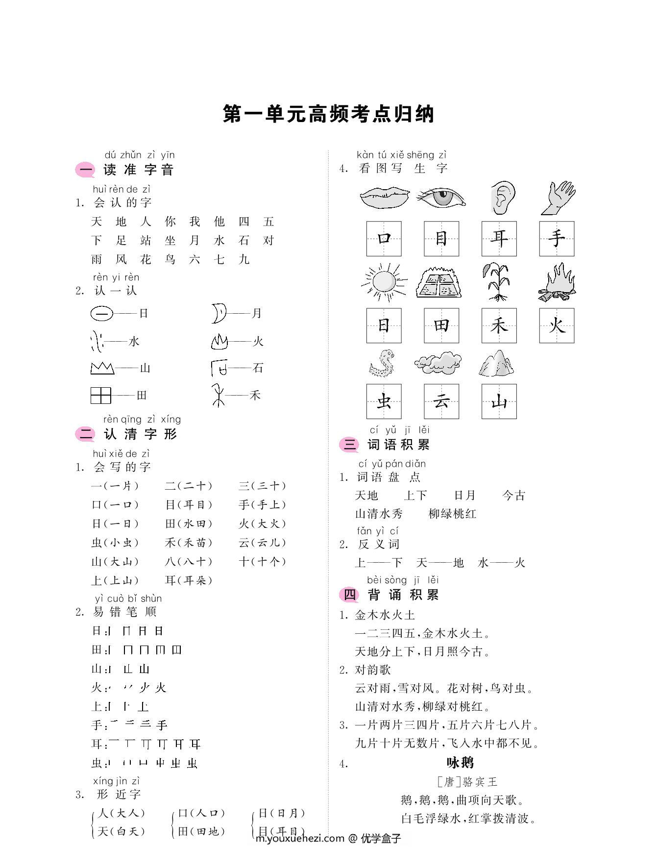 图片[1]-一年级上册语文考点归纳-1-8单元高频考点归 9页PDF-优学盒子