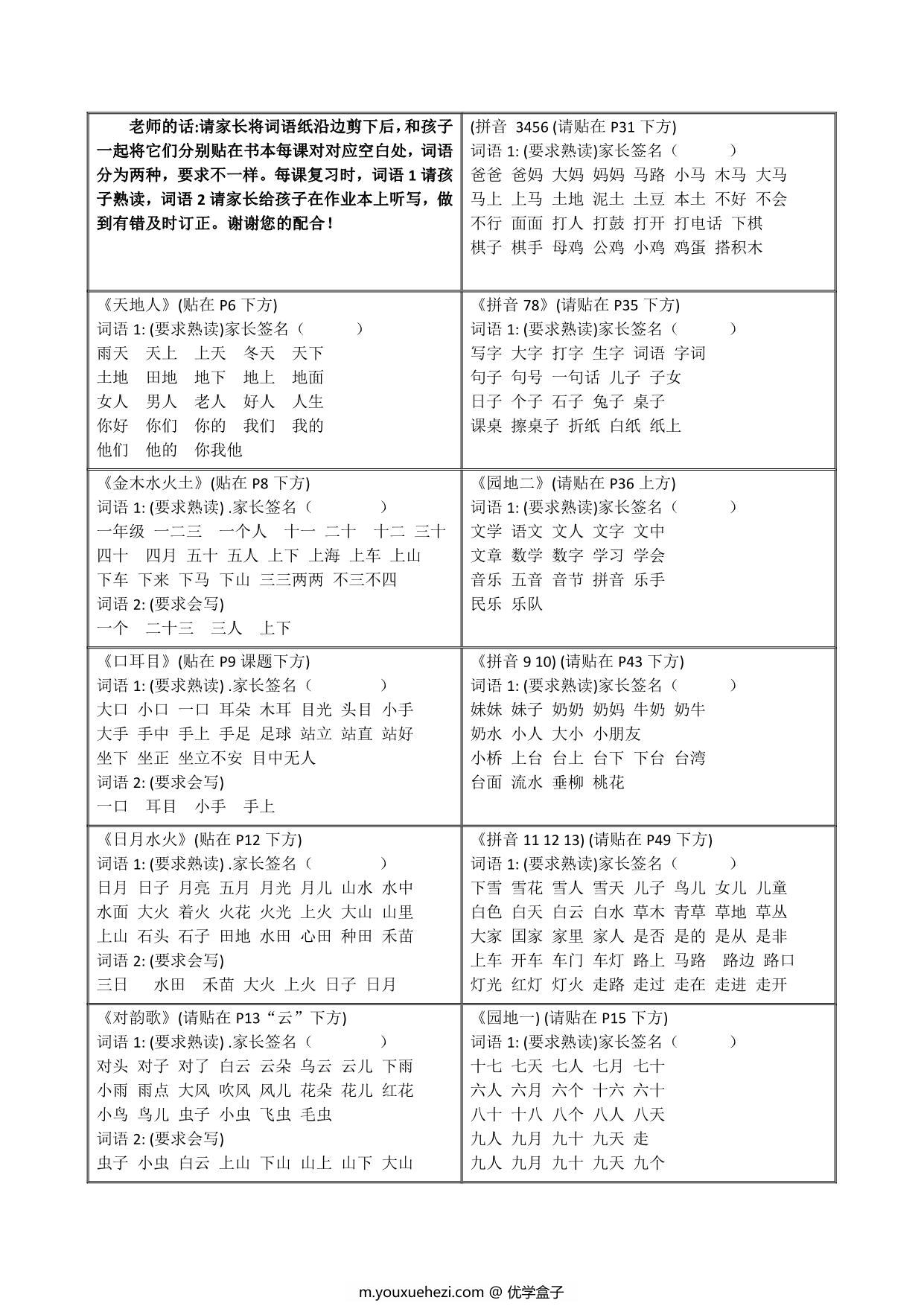 图片[1]-一年级语文上册贴书本字词 课课贴 4页PDF-优学盒子