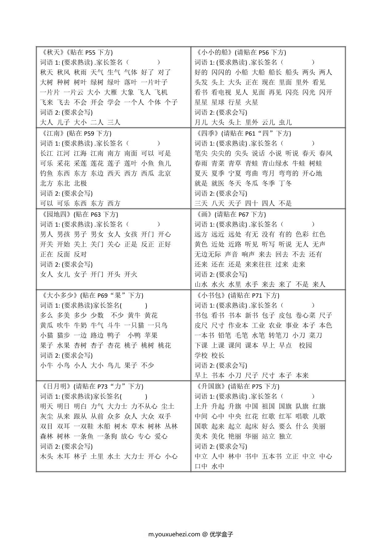 图片[2]-一年级语文上册贴书本字词 课课贴 4页PDF-优学盒子