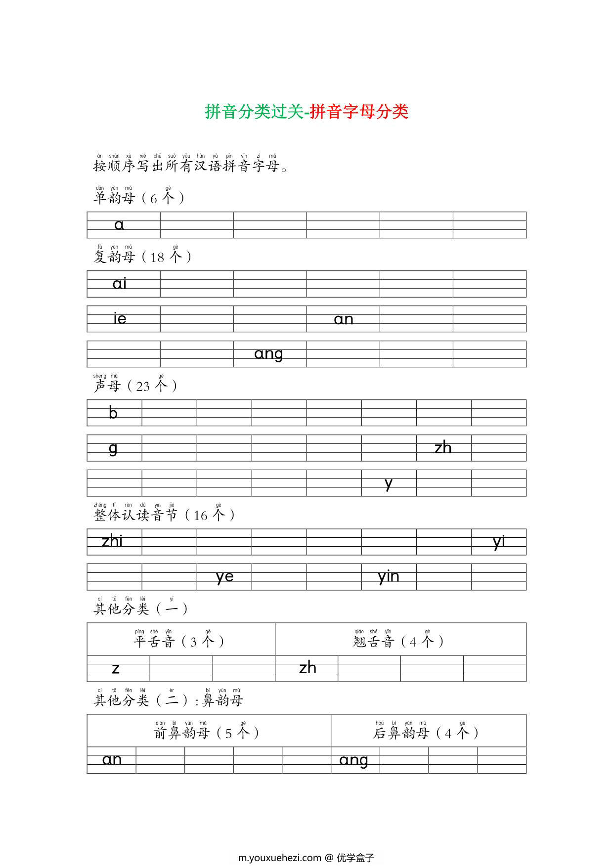 图片[1]-一年级语文上册拼音分类过关测试卷 7页PDF-优学盒子