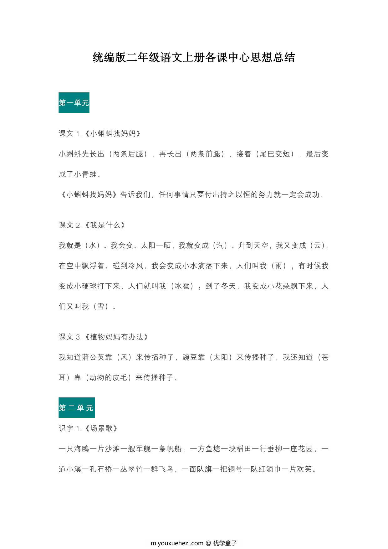 图片[1]-统编版二年级语文上册各课中心思想总结 7页PDF-优学盒子
