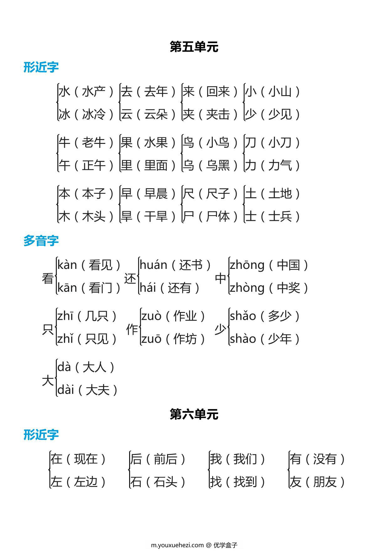 图片[3]-部编一年级语文上册【多音字+形近字】组词汇总 6页PDF-优学盒子