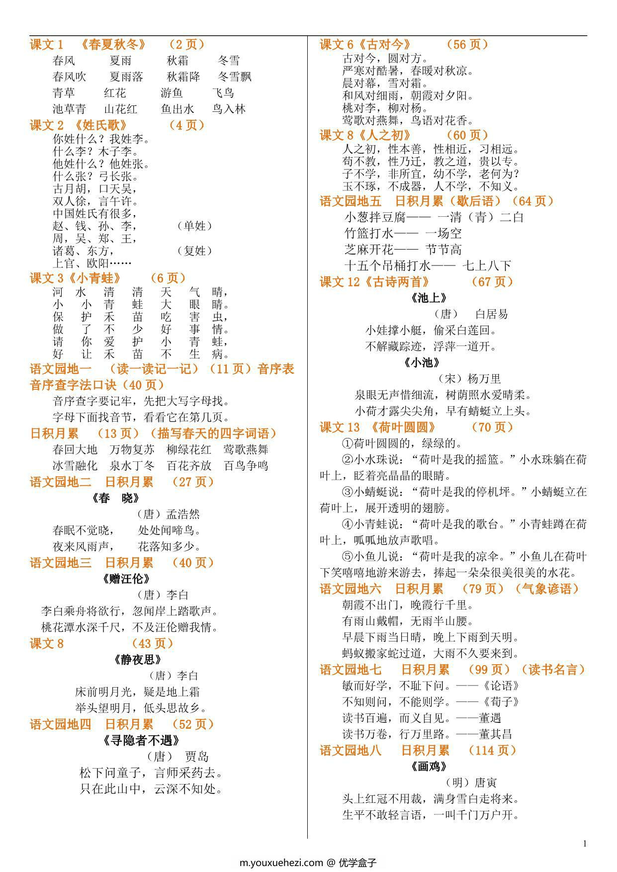 图片[1]-部编版一年级下册语文知识点(要求背诵) 2页PDF-优学盒子