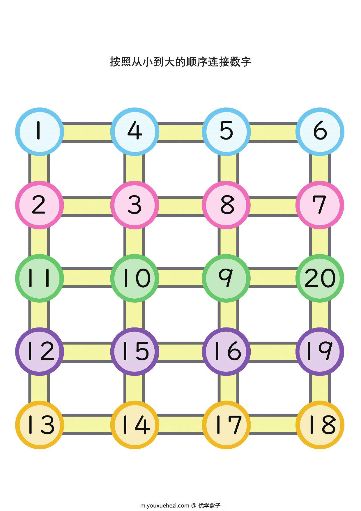图片[1]-按照从小到大的顺序连接数字1-20，6页PDF可打印-优学盒子