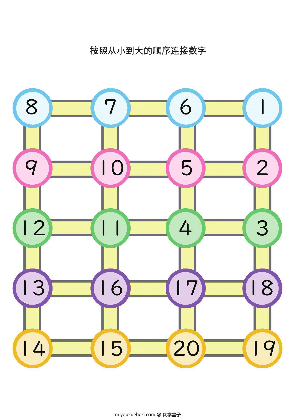 图片[2]-按照从小到大的顺序连接数字1-20，6页PDF可打印-优学盒子