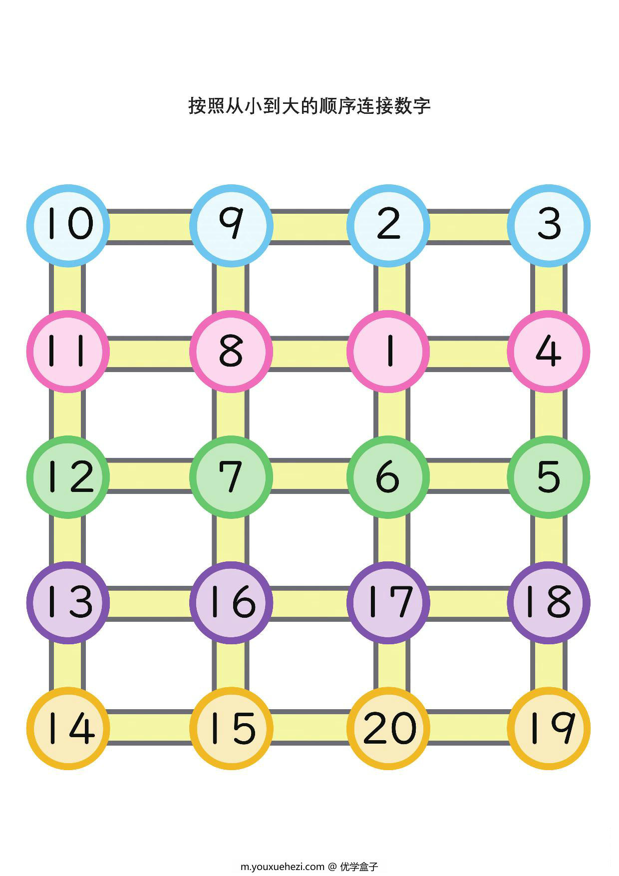 图片[4]-按照从小到大的顺序连接数字1-20，6页PDF可打印-优学盒子