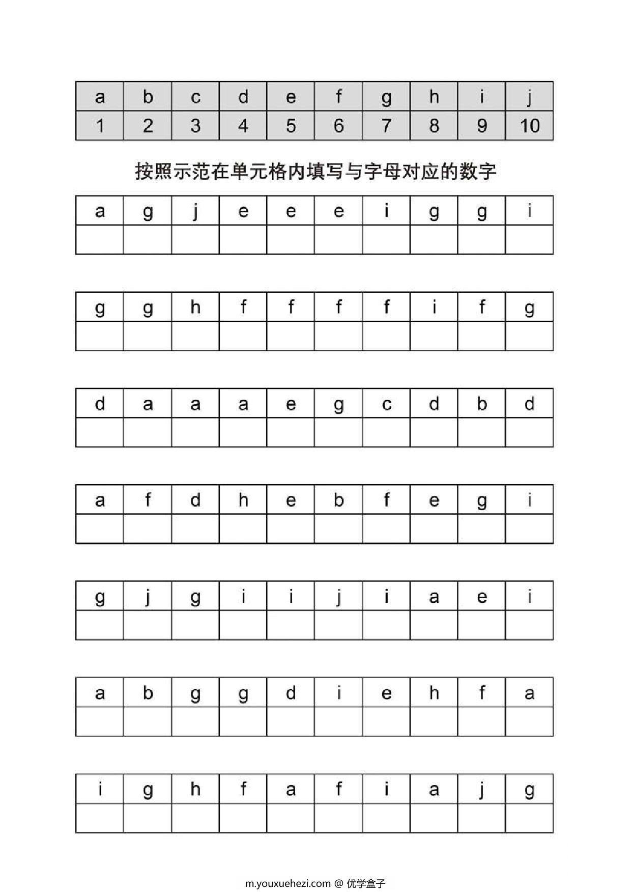 图片[1]-按照示范在单元格内填写与字母对应的数字，5页PDF可打印-优学盒子