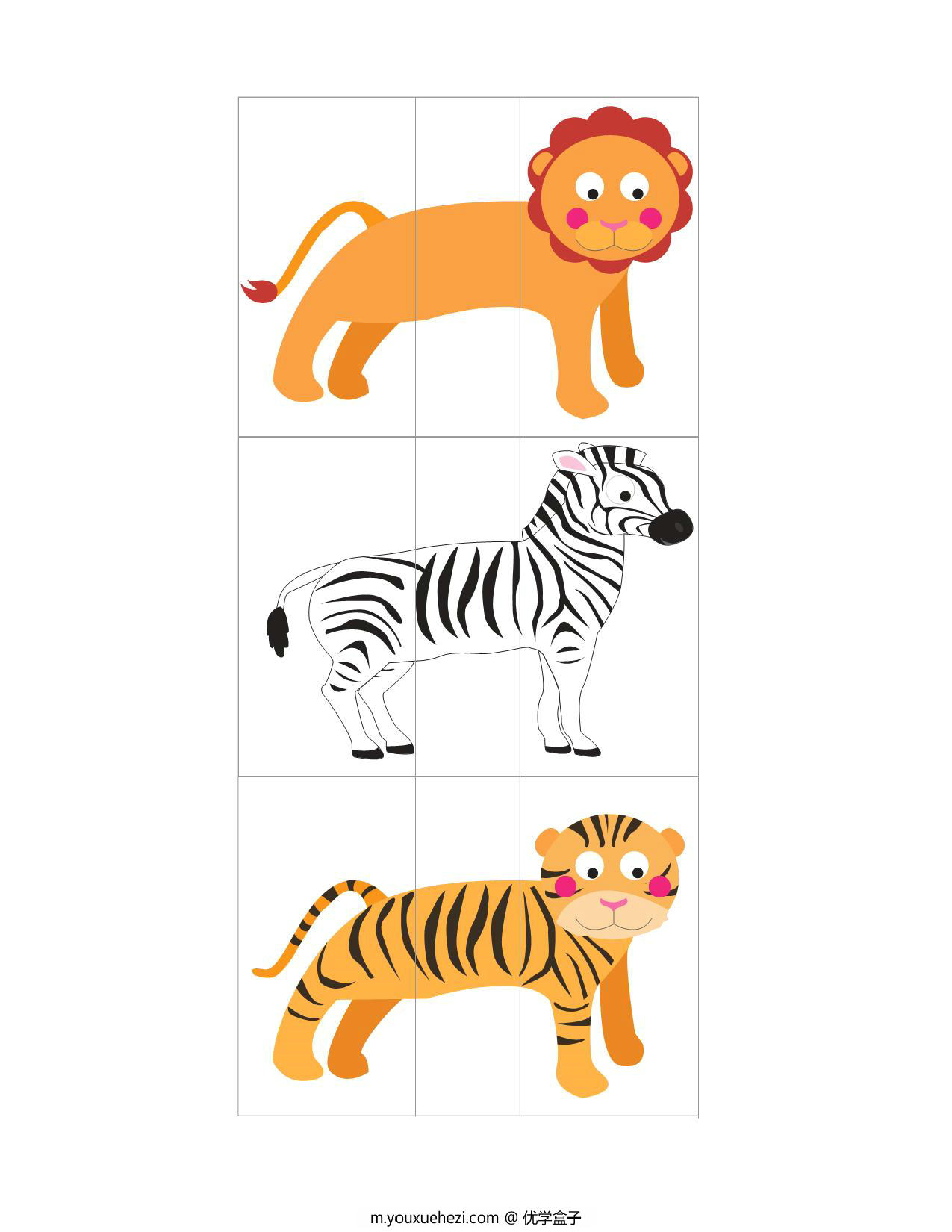 图片[1]-动物三段拼图-(1-2页)，2页PDF-优学盒子