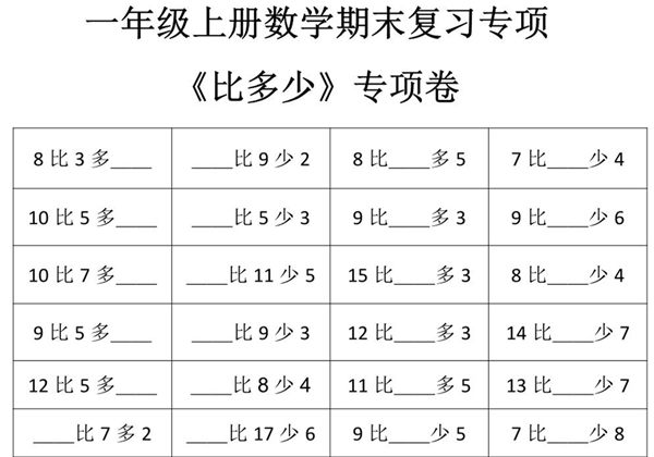 一年级上册数学期末复习《比多少》专项卷，4页PDF可打印-优学盒子