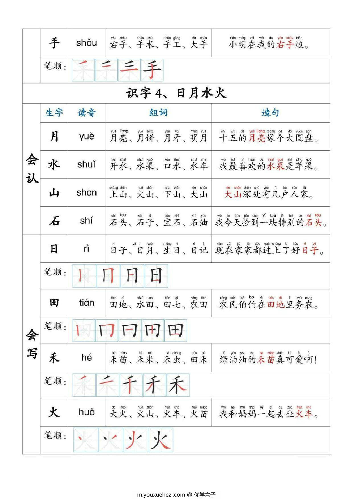 图片[3]-一年级语文上册生字组词拼音笔顺造句，30页PDF电子版-优学盒子