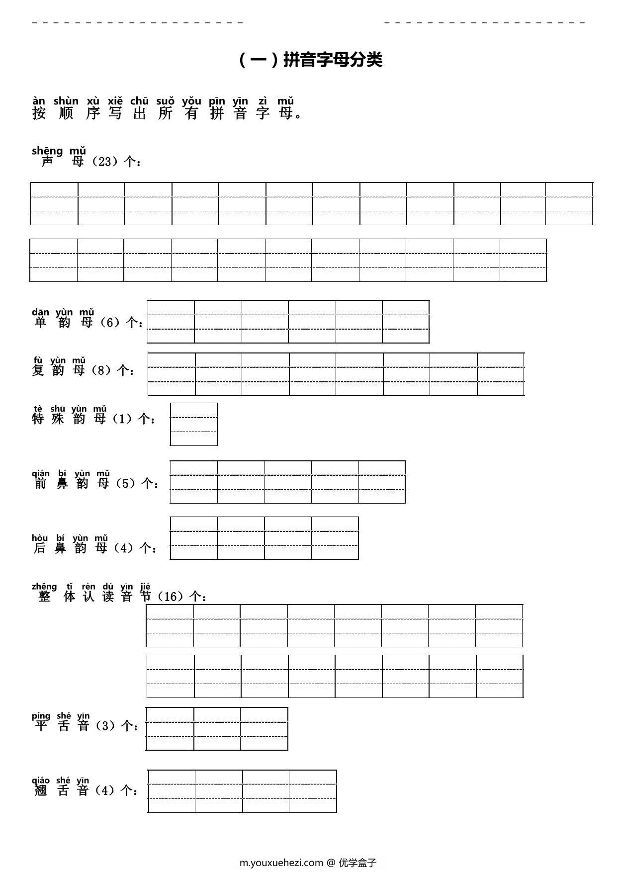 图片[1]-[7月27修正] 拼音字母分类、音节标调、拼音书写、三拼音节，拼音综合试卷，6页PDF电子版-优学盒子
