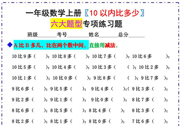 一年级数学上册《10以内比多少》六大题型专项练习题 （含答案），6页PDF-优学盒子