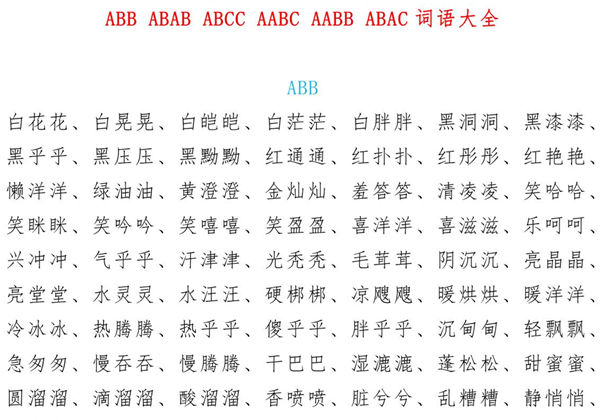 小学语文叠词大全汇总ABB-ABAB-ABCC-AABC-AABB-ABAC，12页PDF可打印-优学盒子