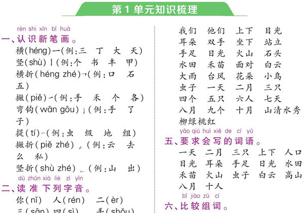一年级上册语文1-8单元知识梳理，8页PDF电子版-优学盒子