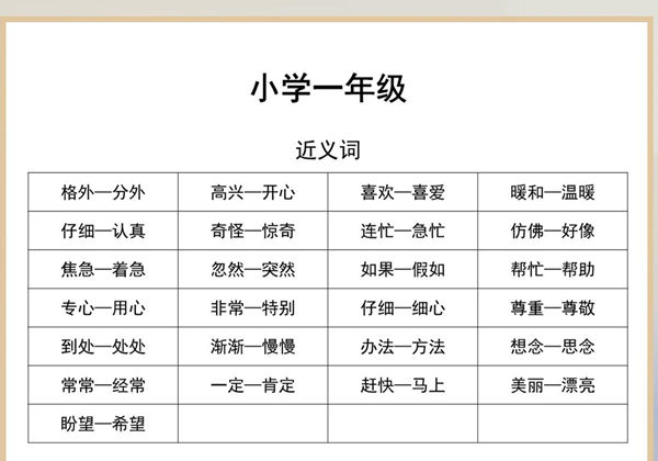 一年级语文近义词和反义词汇总，2页PDF-优学盒子