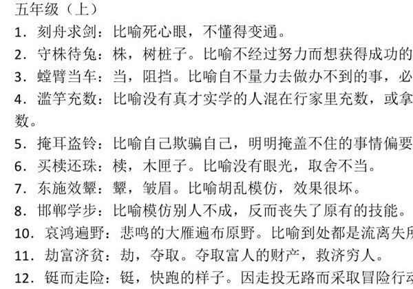 五年级语文上册下册必须掌握的成语及解释，2页PDF-优学盒子