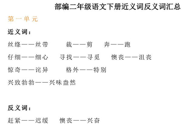 部编二年级语文下册近义词反义词汇总，4页PDF-优学盒子