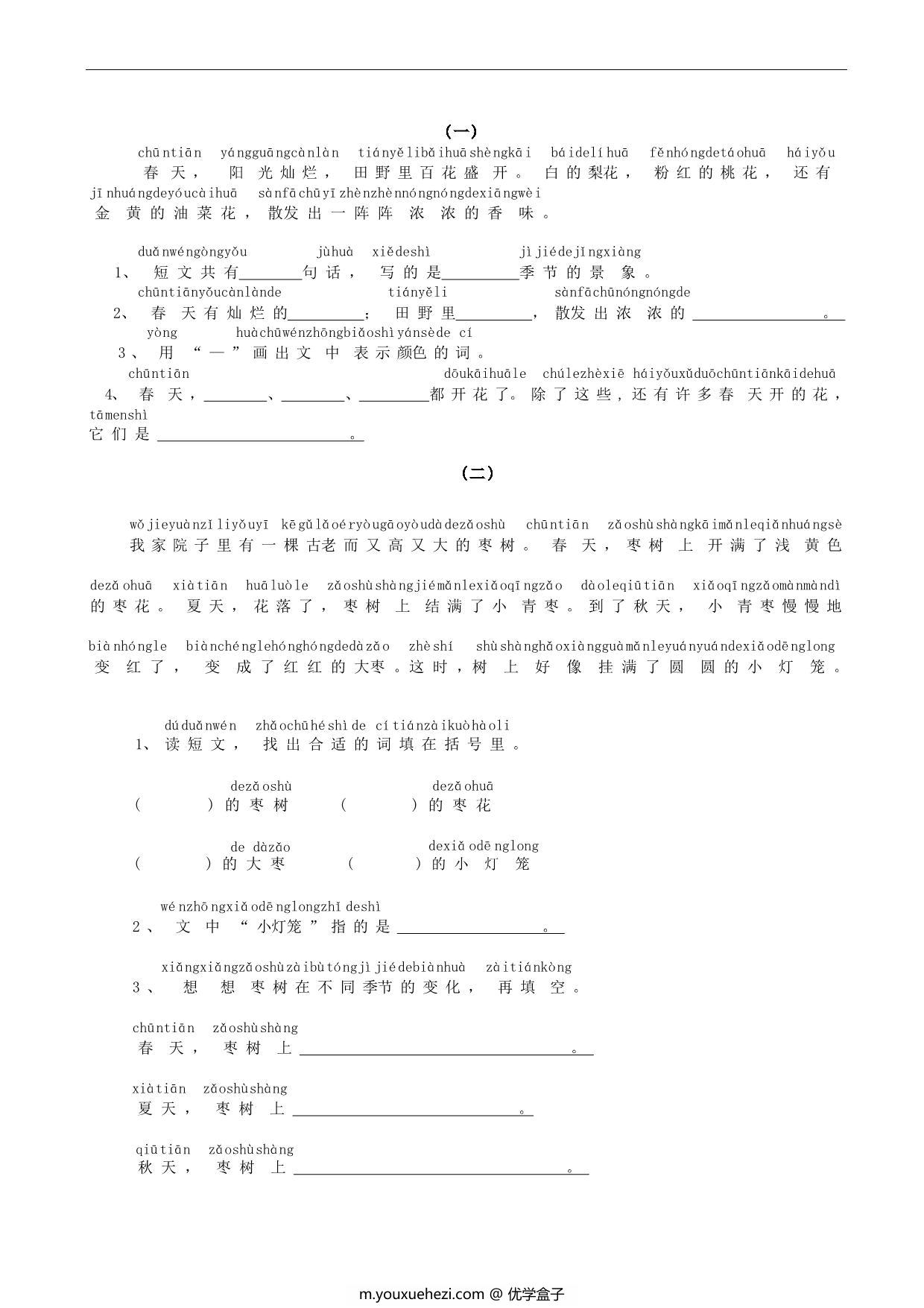 图片[1]-小学一年级语文带拼音阅读练习题，10页PDF-优学盒子