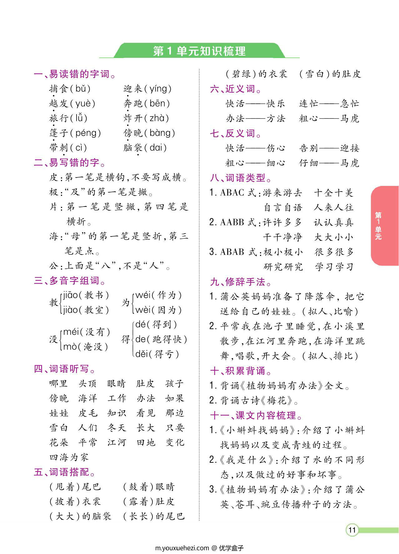 图片[1]-二年级语文上册单元知识梳理，8页PDF-优学盒子