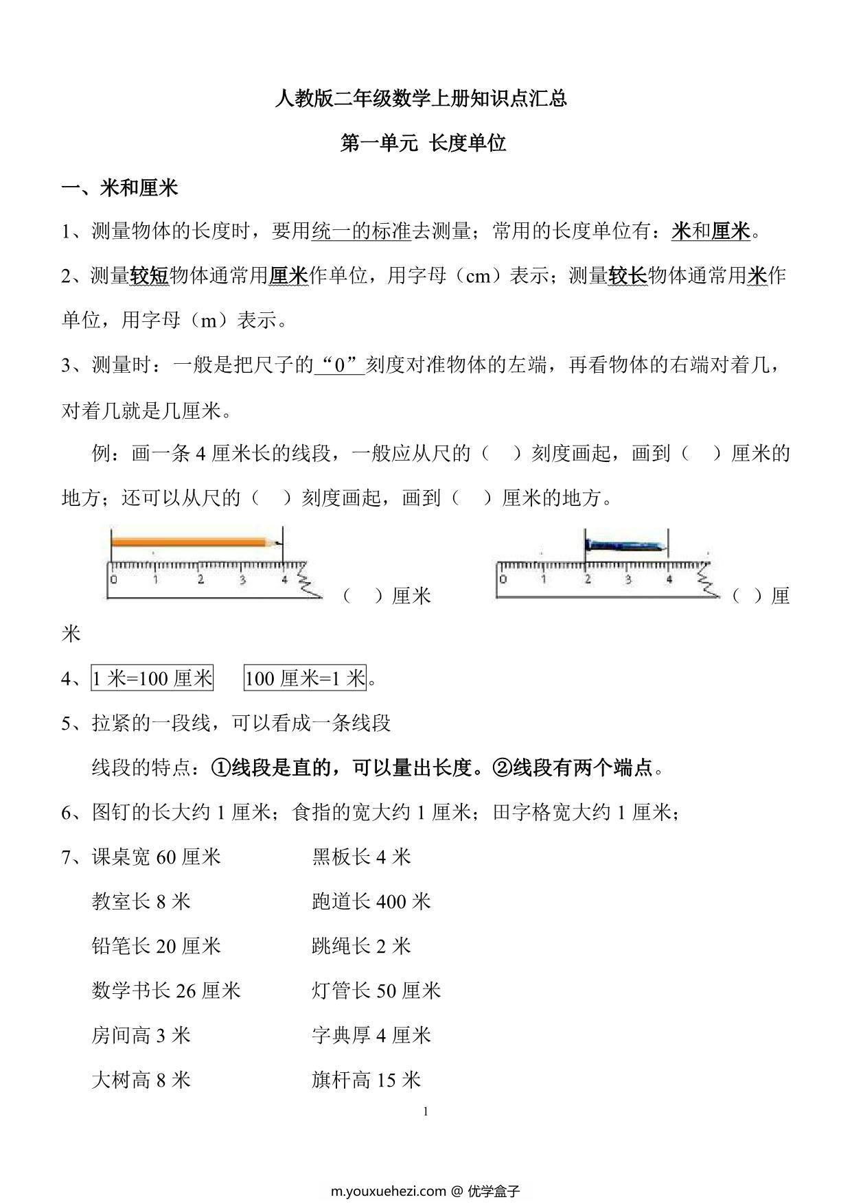图片[1]-人教版二年级数学上册知识点汇总，14页PDF电子版-优学盒子