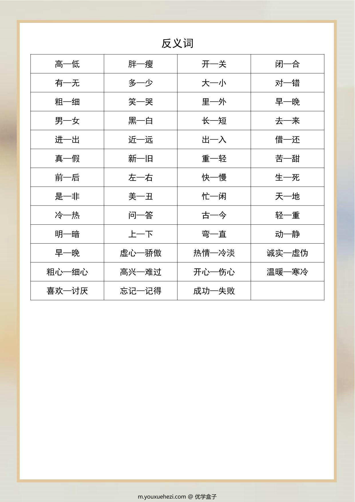图片[2]-一年级语文近义词和反义词汇总，2页PDF-优学盒子