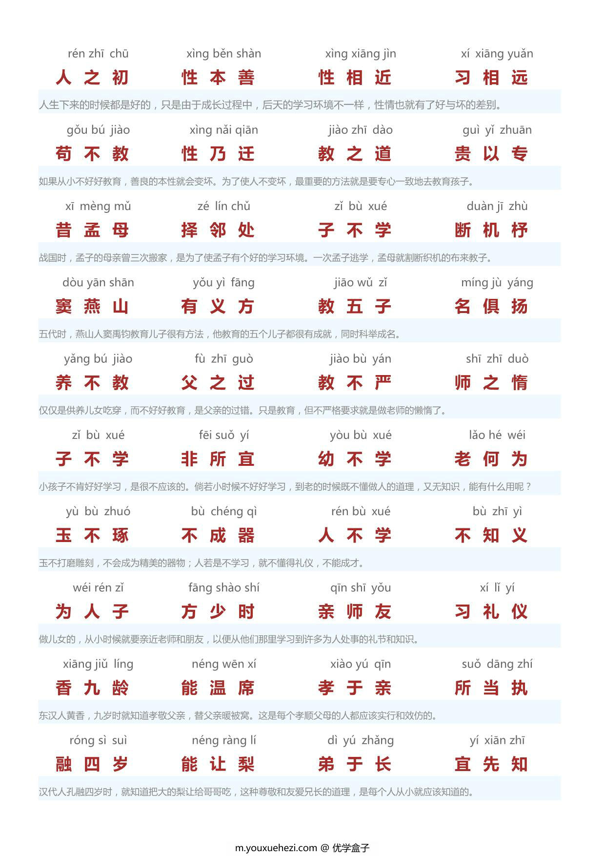 图片[1]-三字经（带拼音注释），13页PDF电子版可打印-优学盒子
