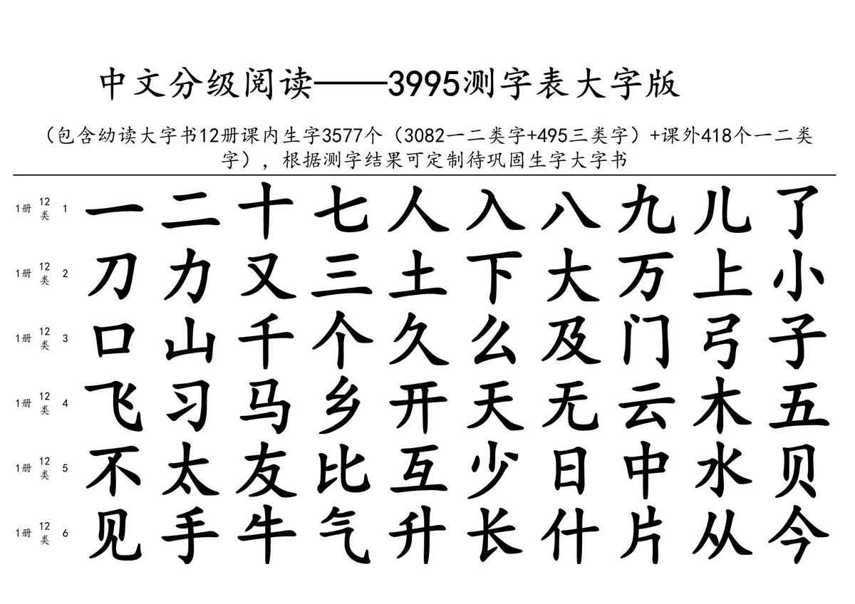 图片[1]-中文分级阅读3995测字表大字版，52页PDF电子版可打印-优学盒子