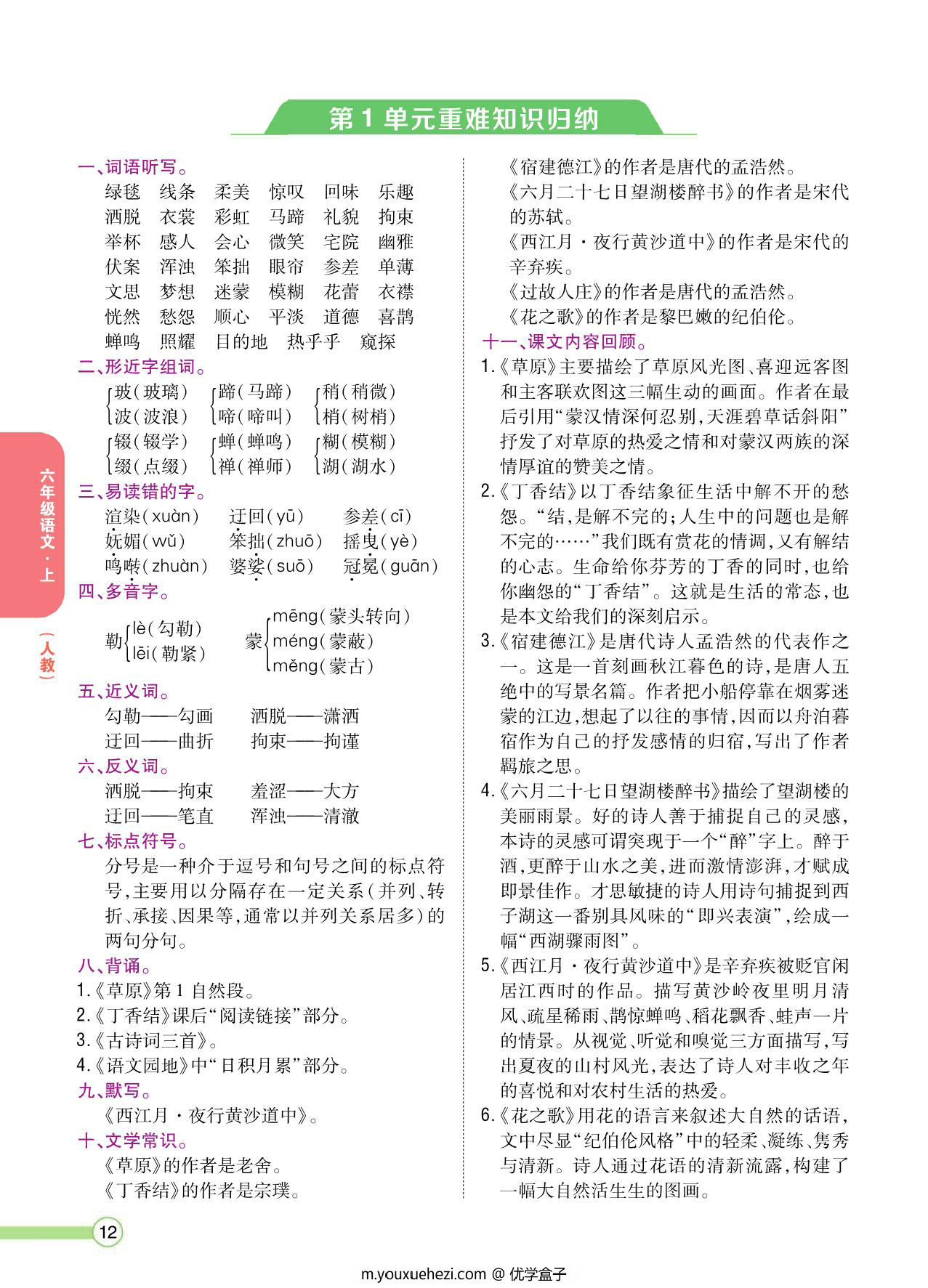 图片[1]-六年级语文上册重点难点知识归纳，8页PDF电子版-优学盒子