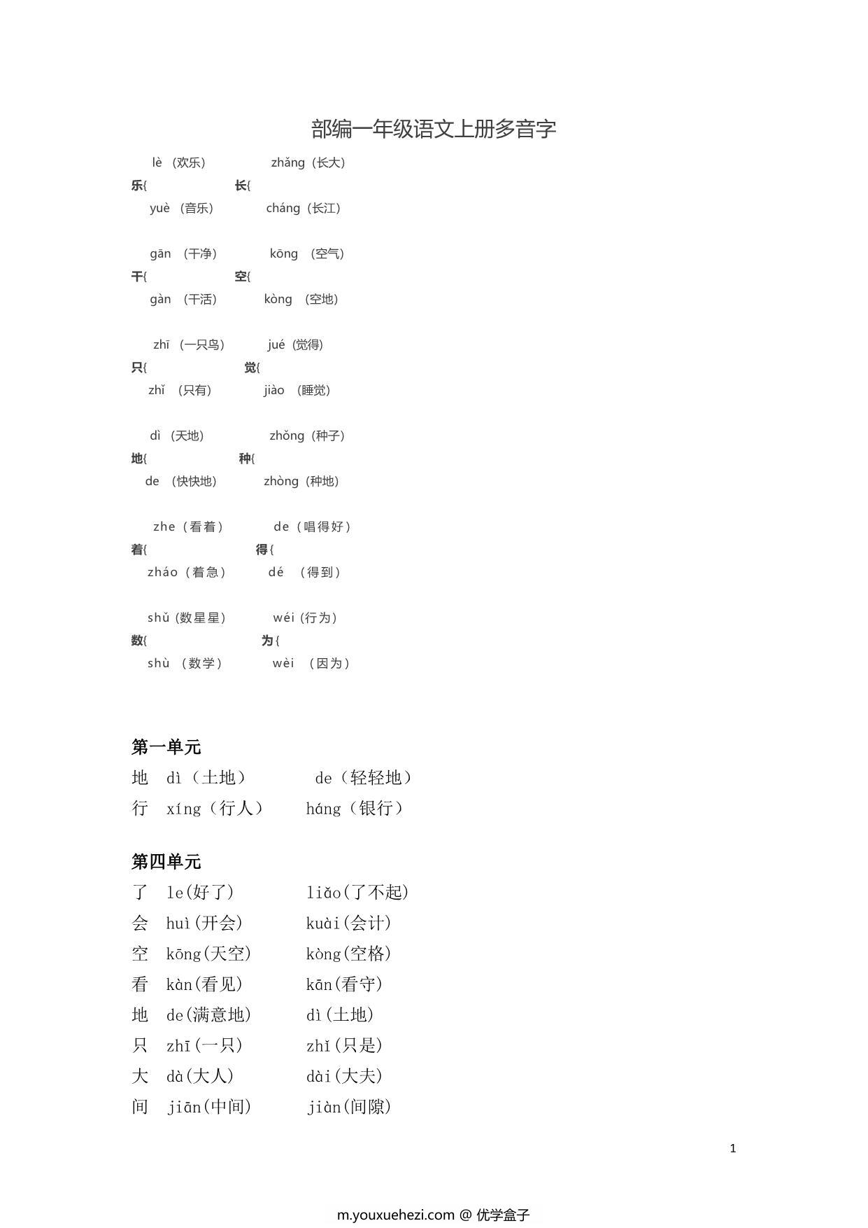 图片[1]-部编一年级语文上册多音字，2页PDF-优学盒子
