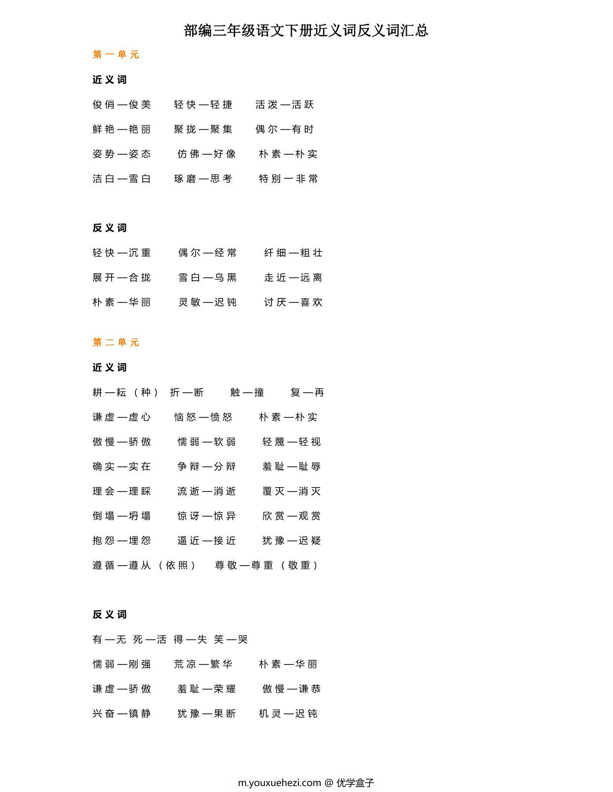 图片[1]-部编三年级语文下册近义词反义词汇总，5页PDF-优学盒子