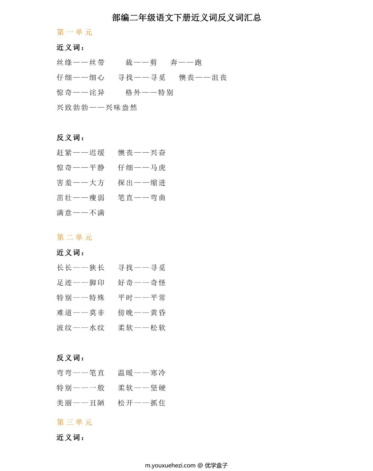 图片[1]-部编二年级语文下册近义词反义词汇总，4页PDF-优学盒子
