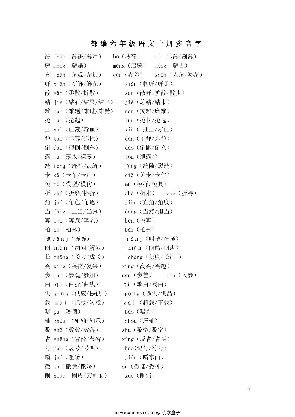 图片[1]-部编六年级语文上册多音字，6页PDF-优学盒子