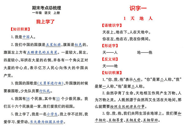 一年级上册语文课文知识点归纳总结，期末核心考点梳理，46页PDF电子版-优学盒子