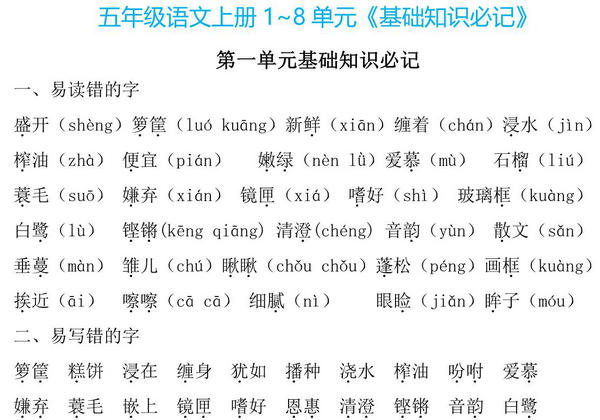 五年级上册语文1~8单元《基础知识必记》，25页PDF电子版-优学盒子