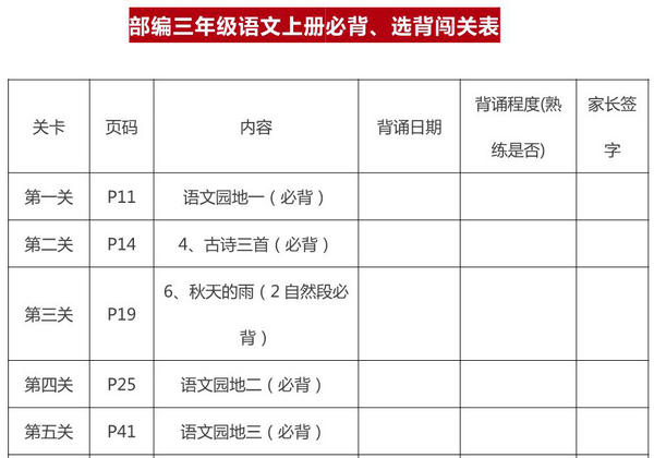 三年级上册语文背诵课文内容及闯关表，8页PDF电子版-优学盒子