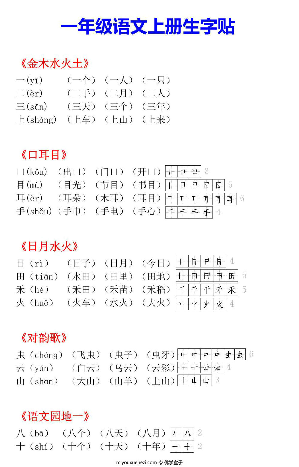 图片[1]-一年级语文上册生字小贴贴，页PDF可打印-优学盒子