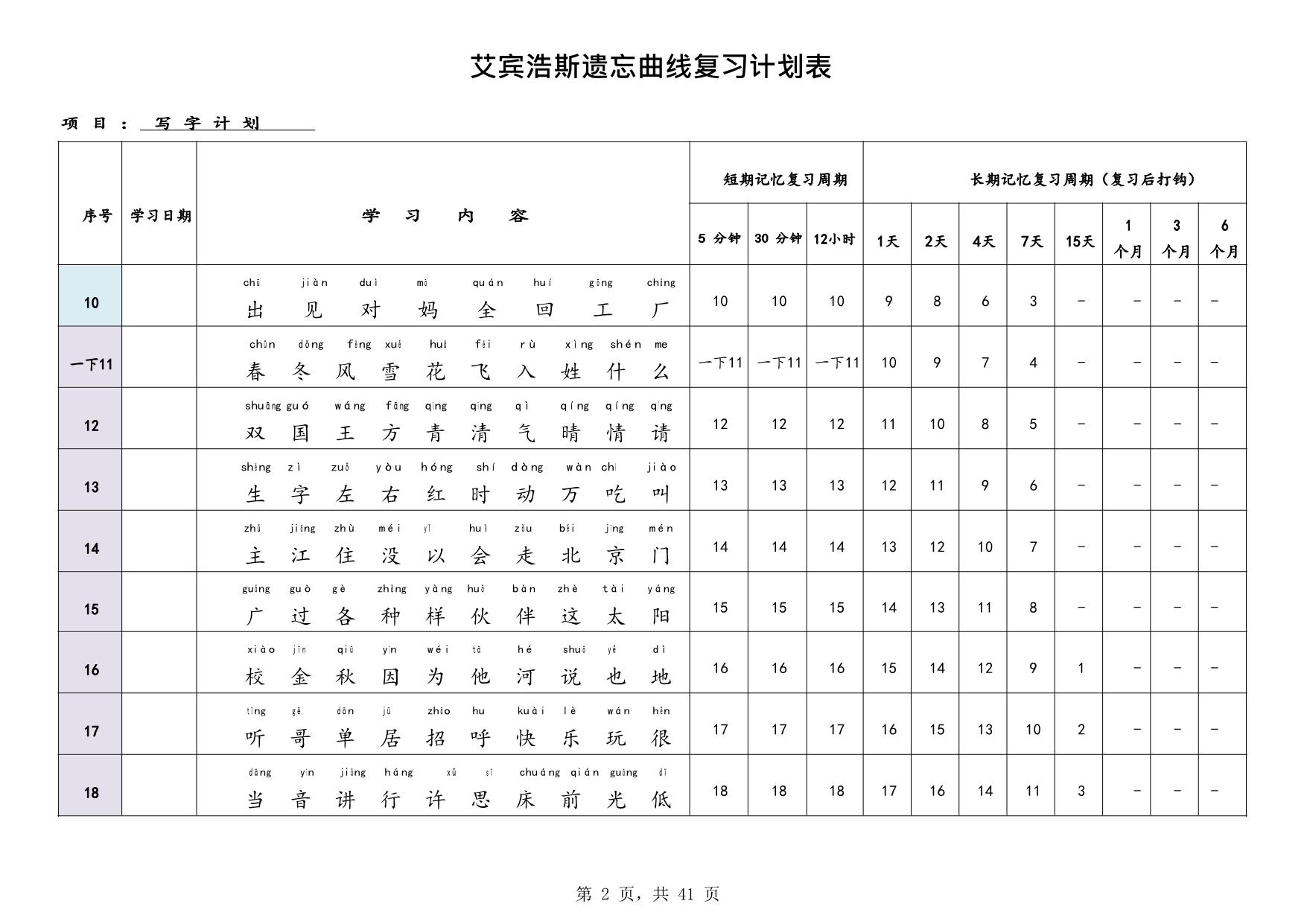 图片[2]-艾宾浩斯曲线生字表（1-6年级全册），41页PDF电子版-优学盒子