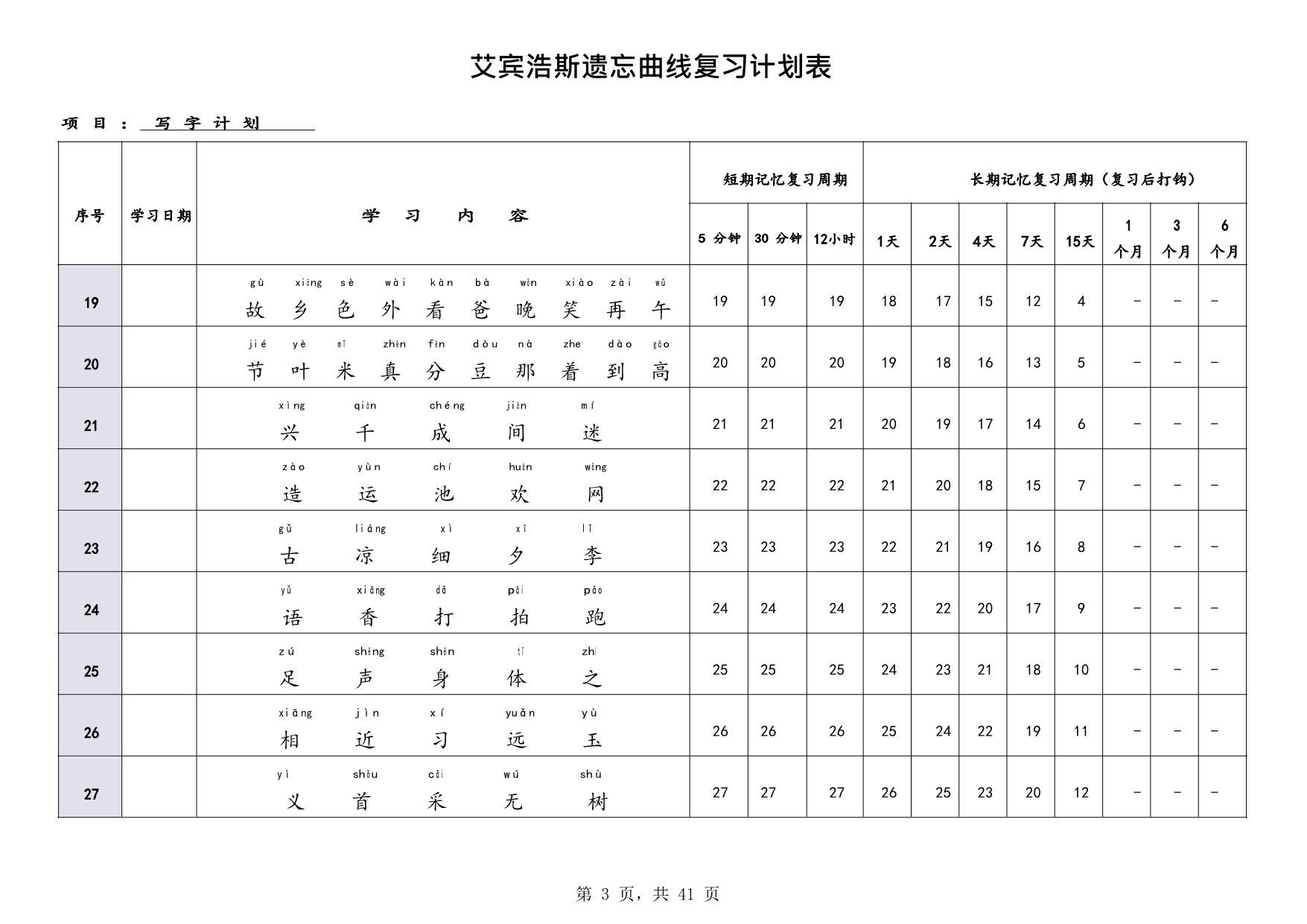 图片[3]-艾宾浩斯曲线生字表（1-6年级全册），41页PDF电子版-优学盒子