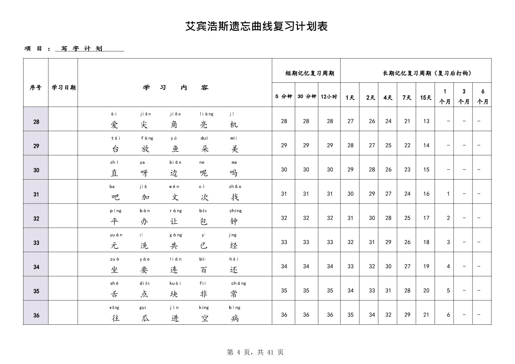 图片[4]-艾宾浩斯曲线生字表（1-6年级全册），41页PDF电子版-优学盒子
