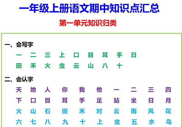 一年级上册语文期中知识点汇总，5页PDF可打印-优学盒子